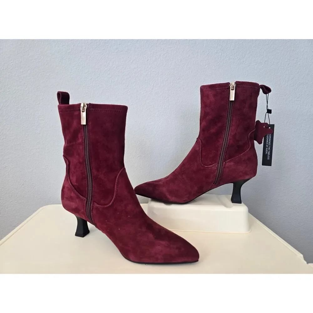 Tahari Sonira Genuine Suede Ankle Boots Burgundy Kitten Heel 6.5 Luxe Leather